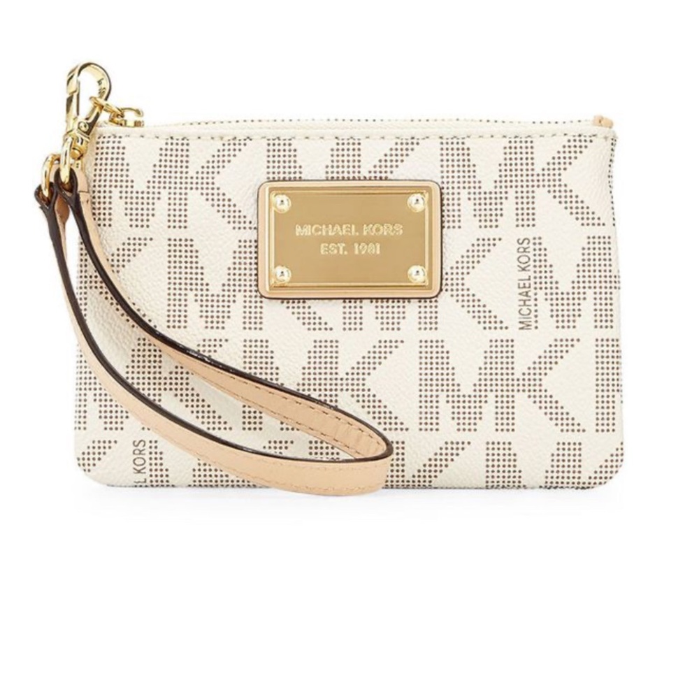 Michael Kors Jet Set Collection Wristlet White Beige Gold MK logo Monogram